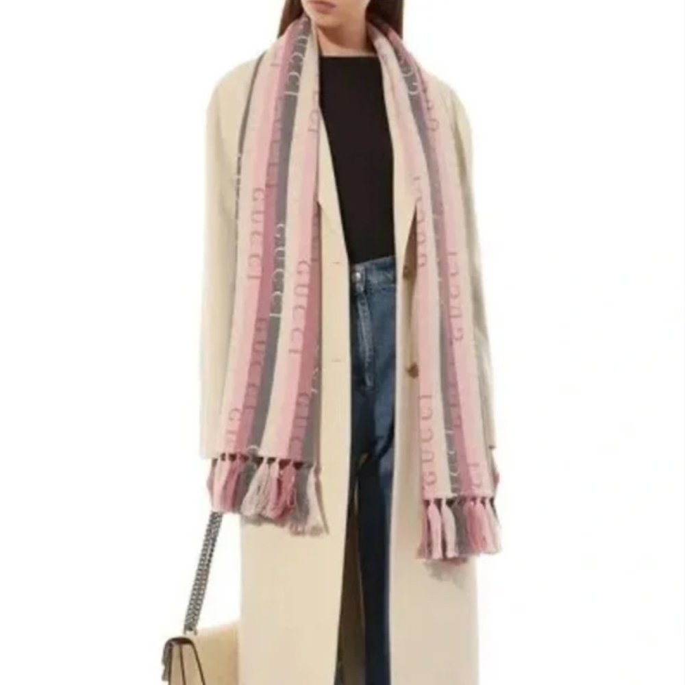 Gucci Scarf Wool Stripes Logo GG Barbie Pink - Picture 6 of 11